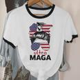 Ultra Maga American Flag Womens Messy Bun Wearing Glasses Cotton Ringer T-Shirt