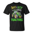 Just A Boy Who Loves Tractors Green Farm Tractor Trucks T-Shirt