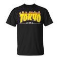 Tokyo Japan Trasher Yellow Orange And Black Flame T-Shirt