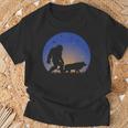 Bigfoot With Wolf Companion Silhouette Nightime Stars T-Shirt Gifts for Old Men