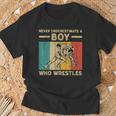 Never Underestimate A Boy Who Wrestles Vintage Wrestling T-Shirt Gifts for Old Men