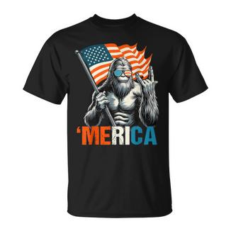 Bigfoot Merica Rock American Flag Patriotic 4Th Of July T-Shirt - Monsterry CA