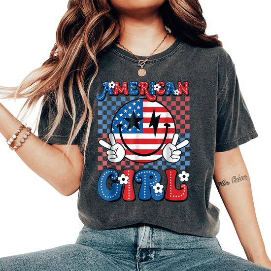 ●土日●Ameri FES GIRLS TEE Retro Groovy Fourth 4Th Of July Smile American Girl Women's