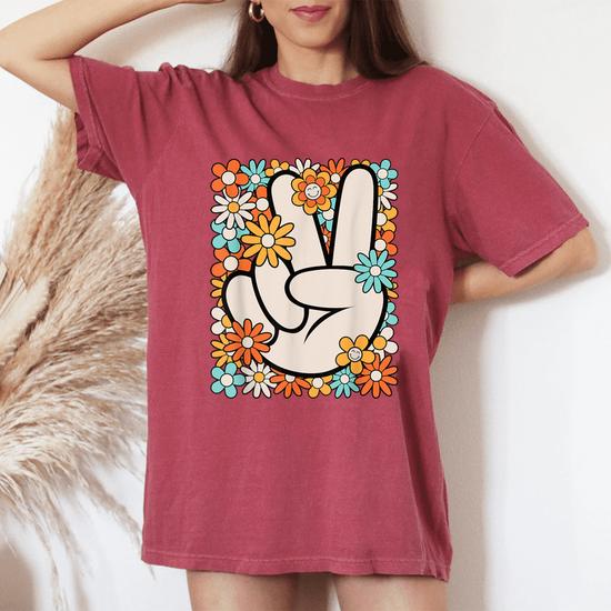 Hippie Peace Hand Sign Groovy Flower 60S 70S Retro Women's