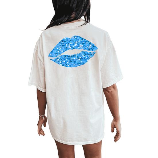 80S & 90S Kiss Mouth Lips Motif Vintage Blue Women's Oversized