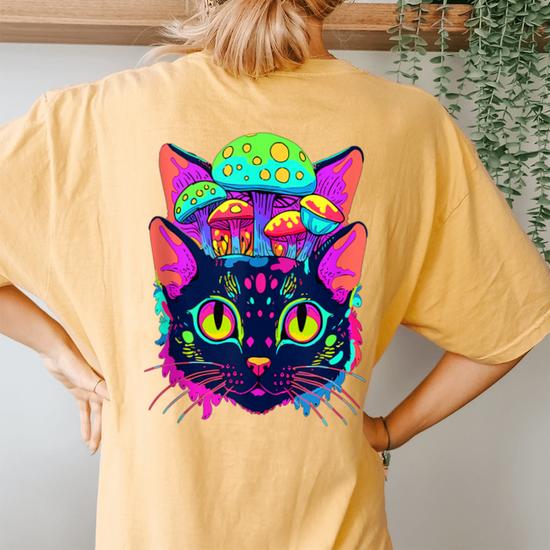 Edm Rave Trippy Cat Mushroom Psychedelic Festival Women's Oversized Comfort  T-Shirt Back Print | Seseable CA