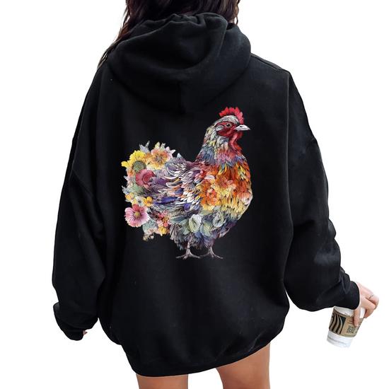 Chicken Aesthetic Flowers Cute Cottagecore Floral Chicken Women Oversized Hoodie Back Print Seseable CA