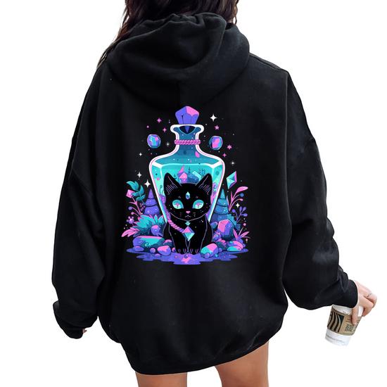 Cottagecore Goth Kawaii Anime Cat Girls Cat Women Oversized Hoodie Back Print Seseable UK