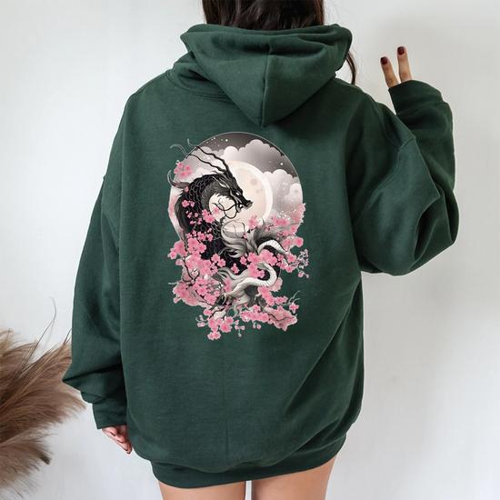 Japanese Dragon Cherry Blossom Full Moon Asian Women Oversized Hoodie Back Print Mazezy