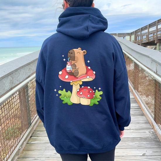 Cottagecore Aesthetic Capybara Drinking Milk On Mushroom Women Oversized Hoodie Back Print Thegiftio UK
