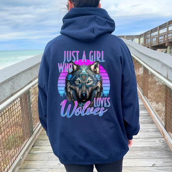 Just A Girl Who Loves Wolves Wolf Purple Blue Sunset Women Oversized Hoodie Back Print Monsterry UK