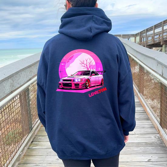 Love Jdm Girl Racer Pink Japanese Modified Race Car Women Oversized Hoodie Back Print Monsterry