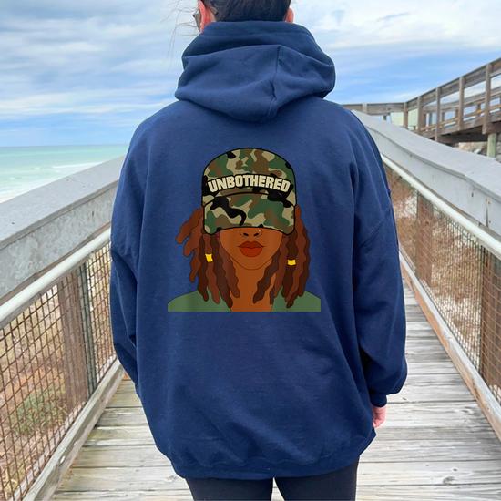 Unbothered Black Woman With Locs Camo Women Oversized Hoodie Back Print Mazezy