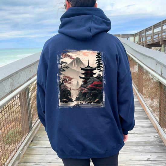Vintage Japanese Flower Mountain View Landscape Graphic Women Oversized Hoodie Back Print Seseable UK