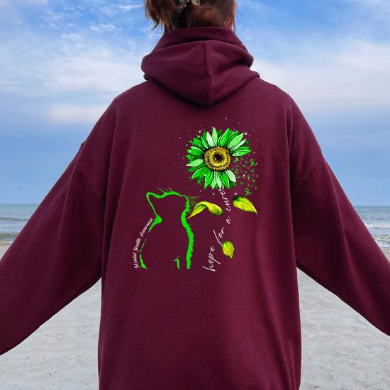 Sunflower Cat Green Mental Health Awareness Women Oversized Hoodie 