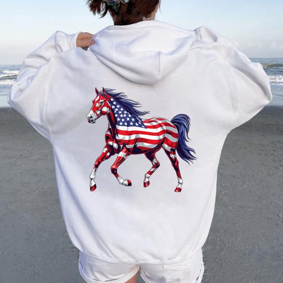 Horse American Flag 4Th Of July Day Horse For Girls Women Oversized Hoodie Back Print Seseable UK