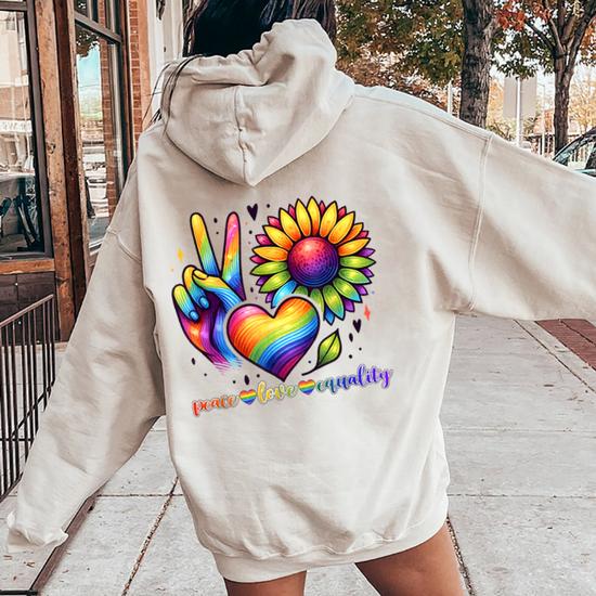 Peace Love Equality Rainbow Flag Gay Pride Proud Lgbt Outfit Women Oversized Hoodie Back Print Seseable UK