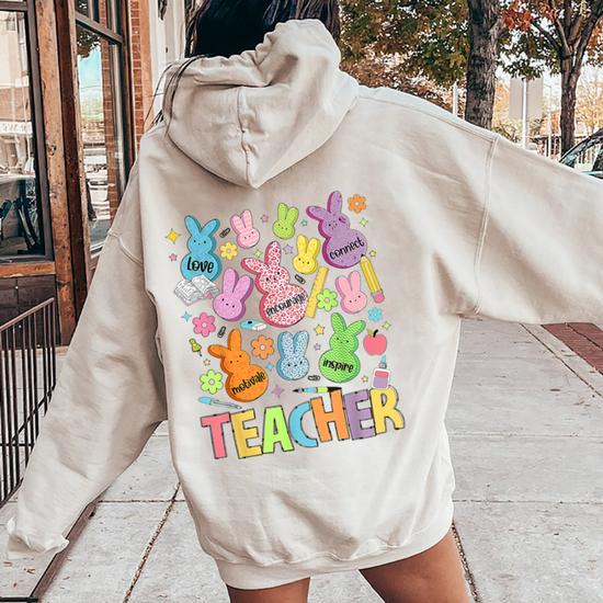 Retro Teacher Of Sweet Bunny Apparel Cute Teacher Easter Day Women  Oversized Hoodie Back Print | Mazezy DE