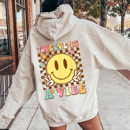 Twelve Is A Vibe 12Th Birthday Groovy 12 Year Old Boys Girls Women Oversized Hoodie Back Print Seseable CA