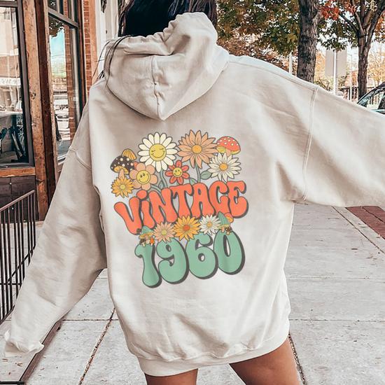 Vintage 1960 Floral Hippie Groovy Daisy Flower 64Th Birthday Women Oversized Hoodie Back Print Monsterry