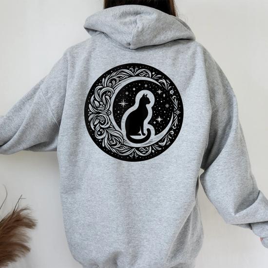 Drawing Cat Sitting On Crescent Moon Flowers Stars Women Women