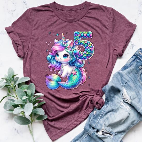 Unicorn Mermaid 5Th Birthday 5 Year Old Party Girls Outfit Bella Canvas T shirt Seseable UK