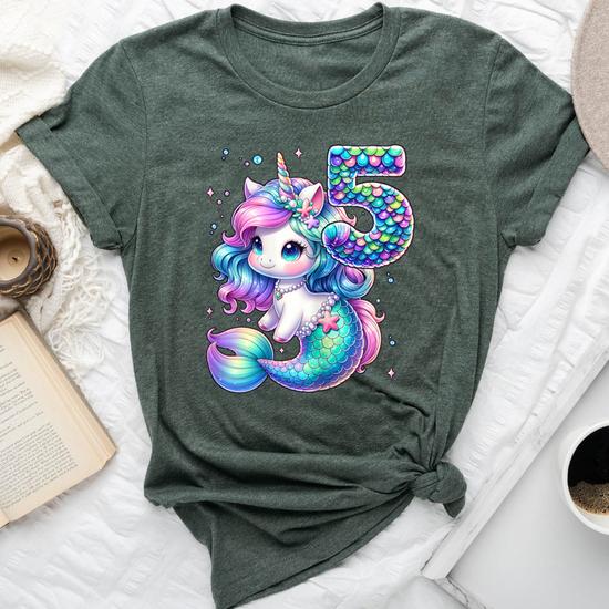 Unicorn Mermaid 5Th Birthday 5 Year Old Party Girls Outfit Bella Canvas T shirt Seseable UK