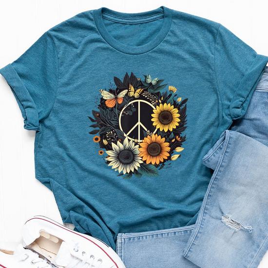 Peace Love Sunflower Graphic T-Shirt For Women - 60s 70s Style Short Sleeve Crewneck Top